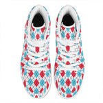 White Red And Blue Argyle Pattern Print High Top Leather Sneakers