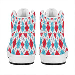 White Red And Blue Argyle Pattern Print High Top Leather Sneakers