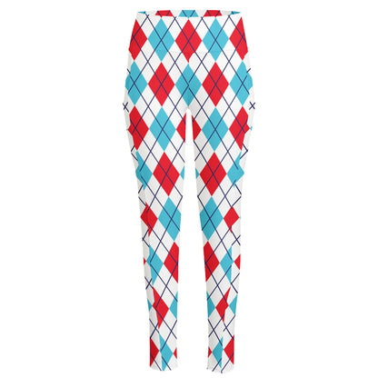 White Red And Blue Argyle Pattern Print High-Waisted Pocket Leggings