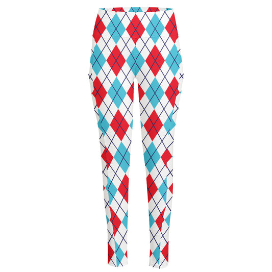 White Red And Blue Argyle Pattern Print High-Waisted Pocket Leggings