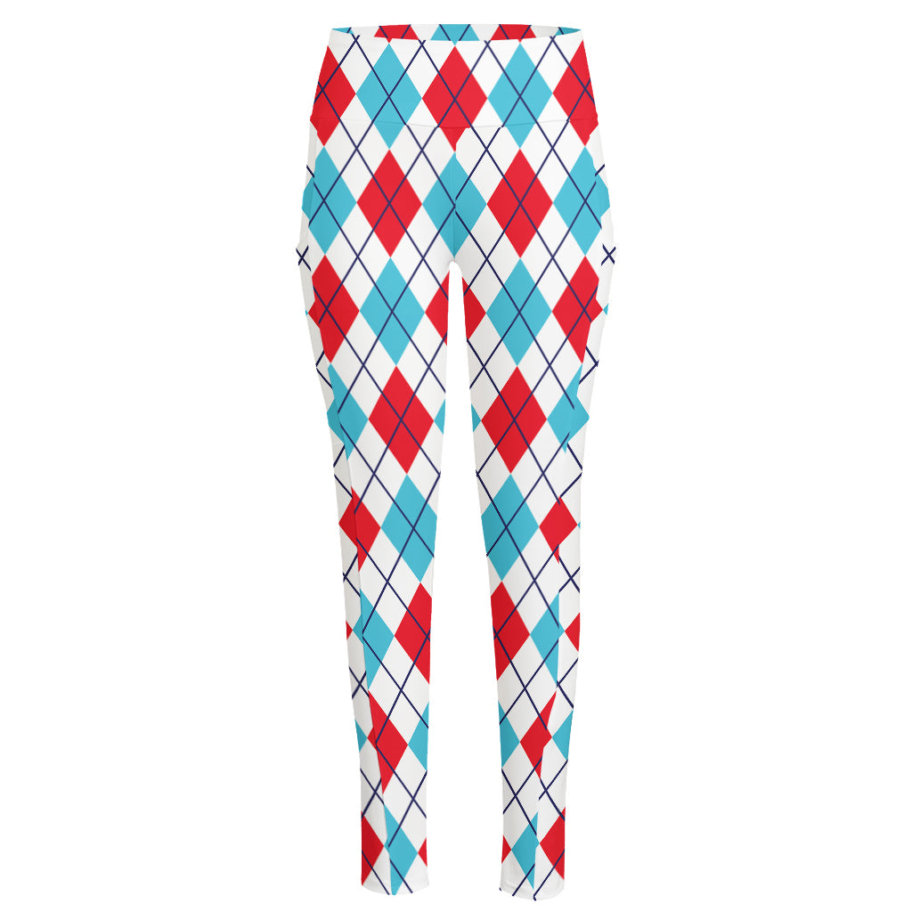 White Red And Blue Argyle Pattern Print High-Waisted Pocket Leggings