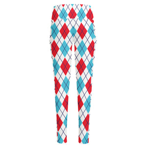 White Red And Blue Argyle Pattern Print High-Waisted Pocket Leggings