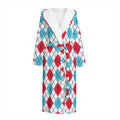 White Red And Blue Argyle Pattern Print Hooded Bathrobe