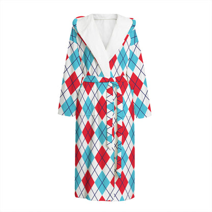 White Red And Blue Argyle Pattern Print Hooded Bathrobe