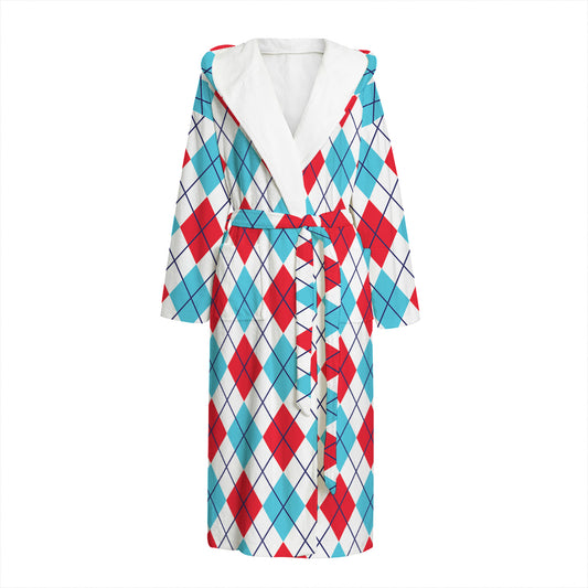 White Red And Blue Argyle Pattern Print Hooded Bathrobe