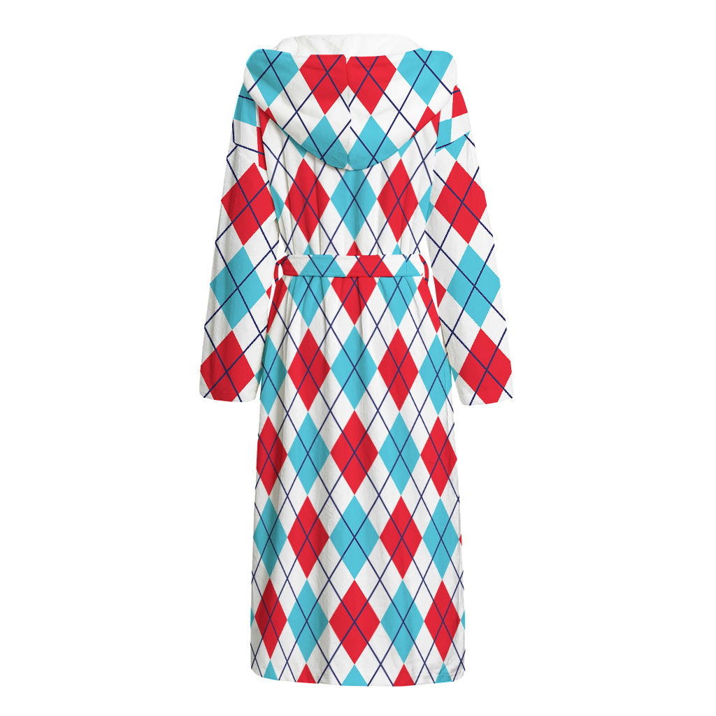 White Red And Blue Argyle Pattern Print Hooded Bathrobe
