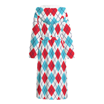 White Red And Blue Argyle Pattern Print Hooded Bathrobe