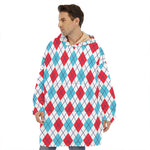 White Red And Blue Argyle Pattern Print Hoodie Blanket
