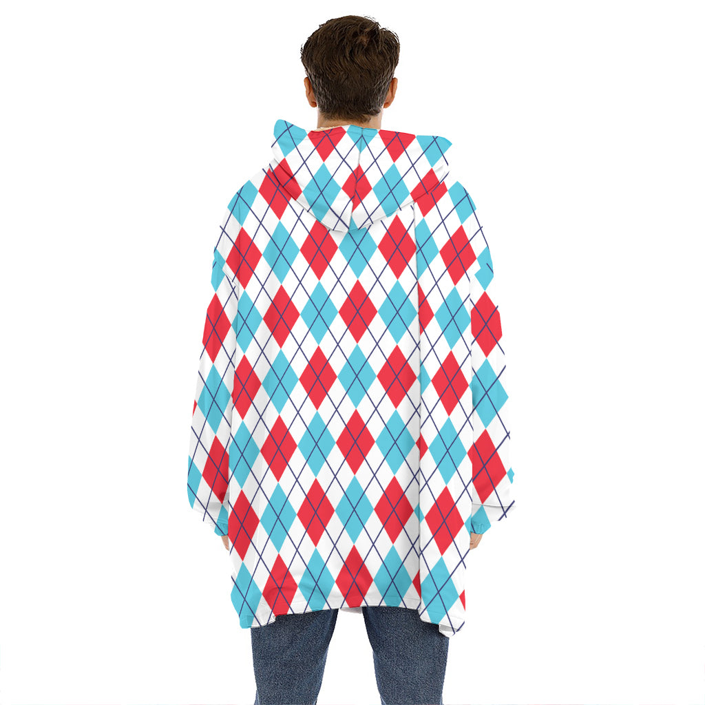 White Red And Blue Argyle Pattern Print Hoodie Blanket