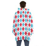 White Red And Blue Argyle Pattern Print Hoodie Blanket