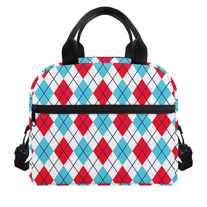 White Red And Blue Argyle Pattern Print Insulated Lunch Bag