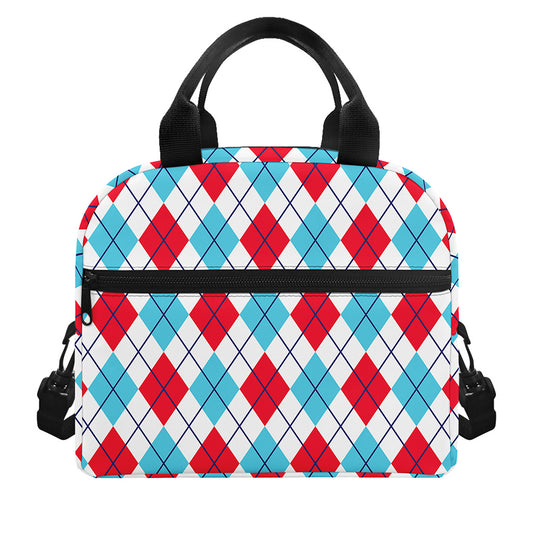 White Red And Blue Argyle Pattern Print Insulated Lunch Bag