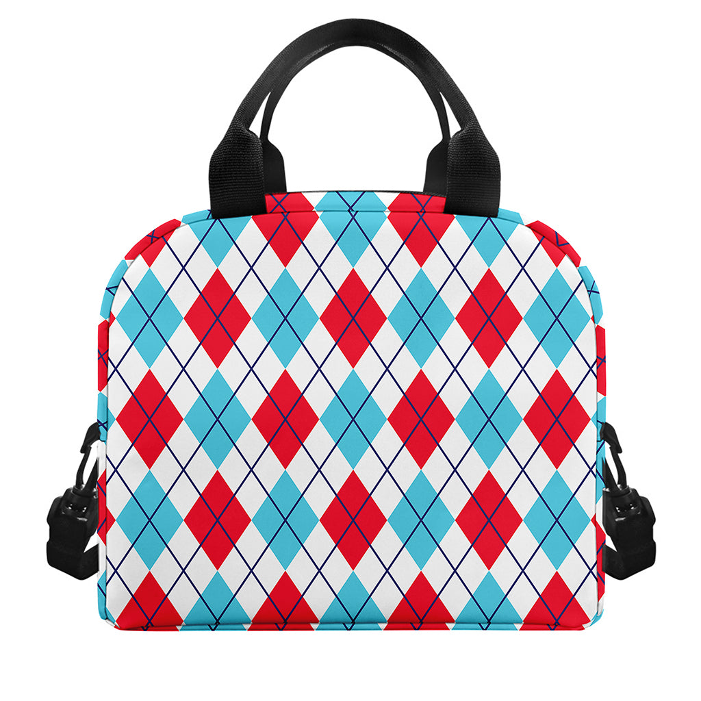 White Red And Blue Argyle Pattern Print Insulated Lunch Bag
