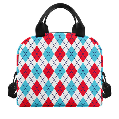 White Red And Blue Argyle Pattern Print Insulated Lunch Bag
