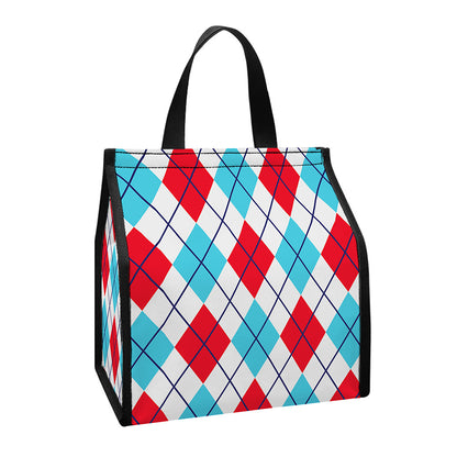 White Red And Blue Argyle Pattern Print Insulated Lunch Tote