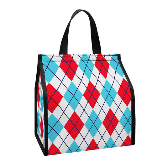 White Red And Blue Argyle Pattern Print Insulated Lunch Tote