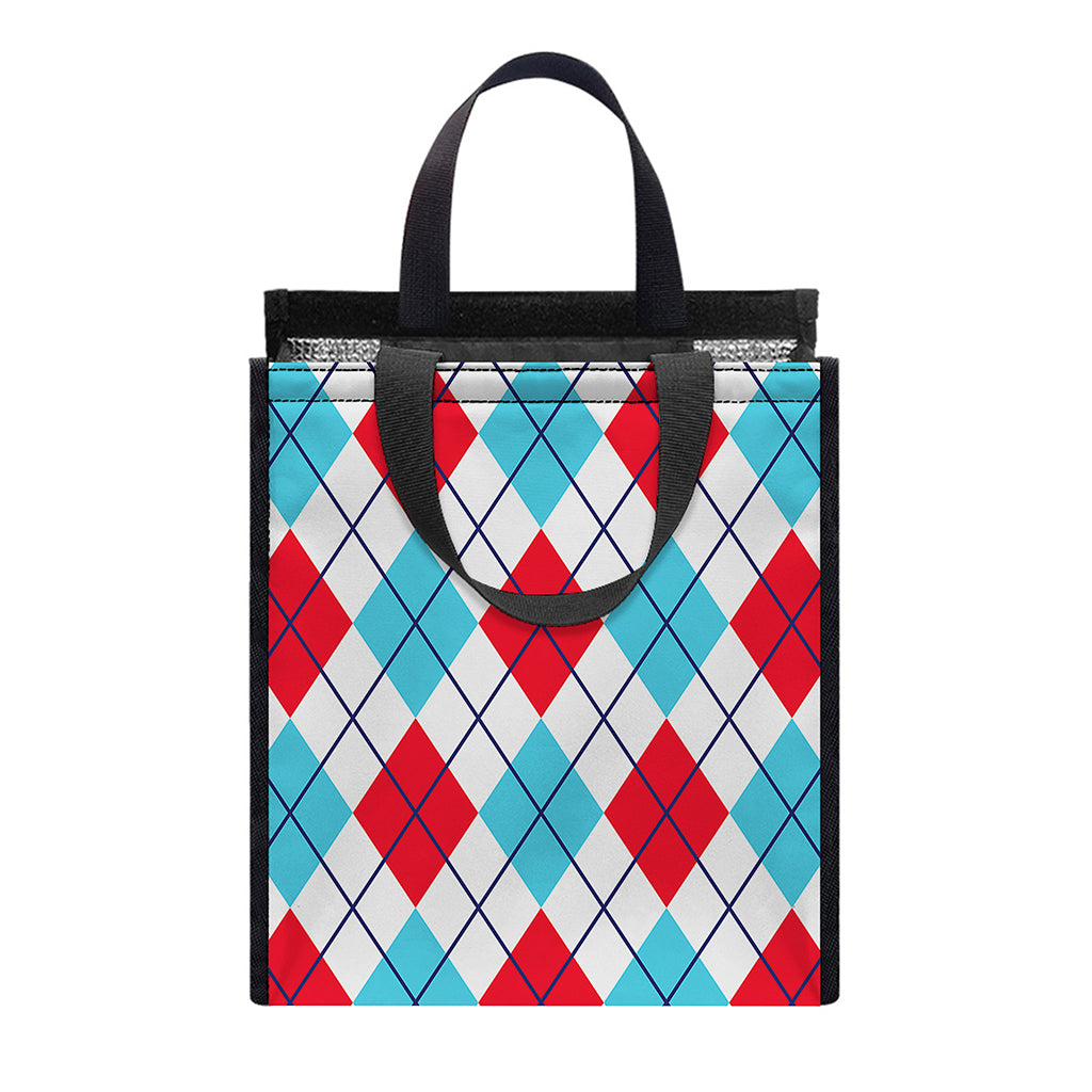 White Red And Blue Argyle Pattern Print Insulated Lunch Tote