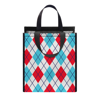 White Red And Blue Argyle Pattern Print Insulated Lunch Tote