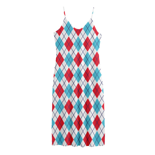 White Red And Blue Argyle Pattern Print Jersey Midi Cami Dress