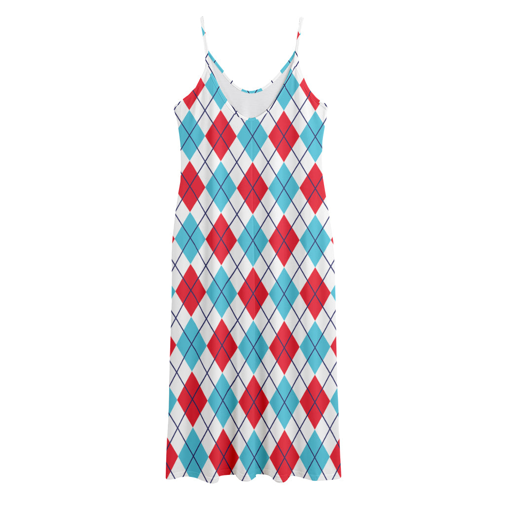 White Red And Blue Argyle Pattern Print Jersey Midi Cami Dress