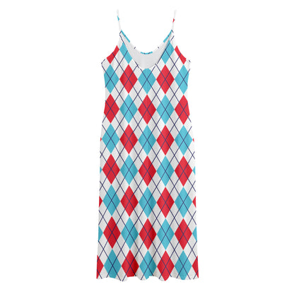 White Red And Blue Argyle Pattern Print Jersey Midi Cami Dress