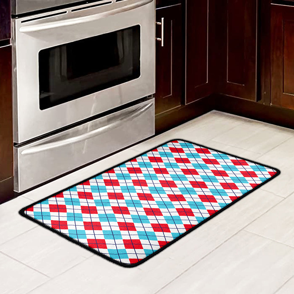 White Red And Blue Argyle Pattern Print Kitchen Mat