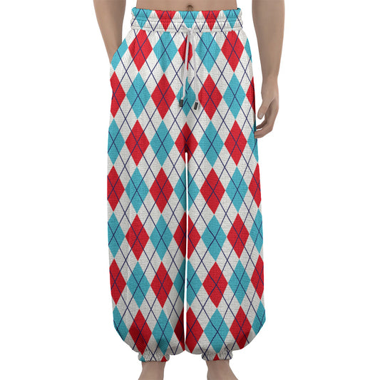 White Red And Blue Argyle Pattern Print Lantern Pants