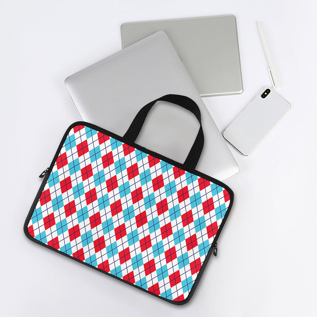 White Red And Blue Argyle Pattern Print Laptop Sleeve With Handle