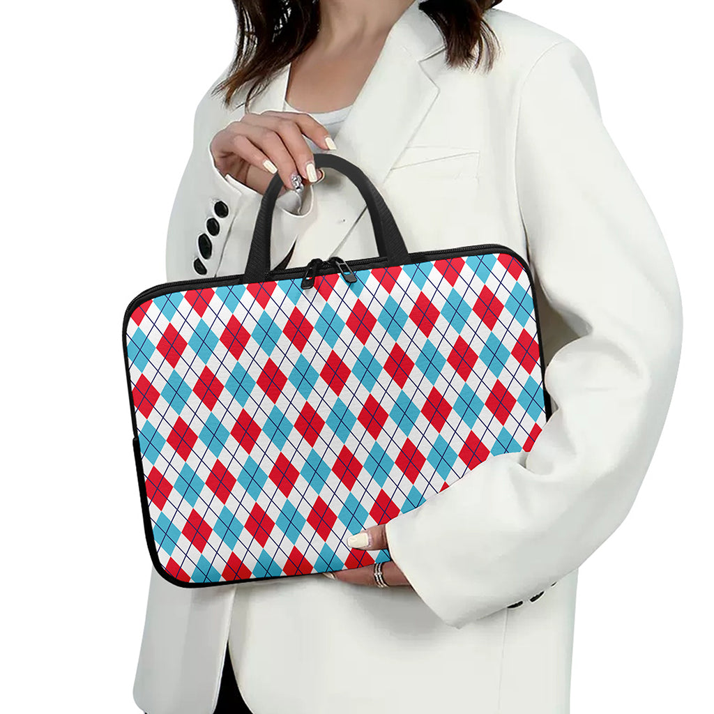 White Red And Blue Argyle Pattern Print Laptop Sleeve With Handle