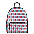 White Red And Blue Argyle Pattern Print Leather Backpack