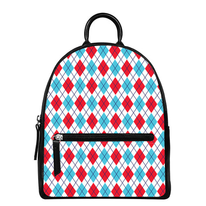 White Red And Blue Argyle Pattern Print Leather Backpack