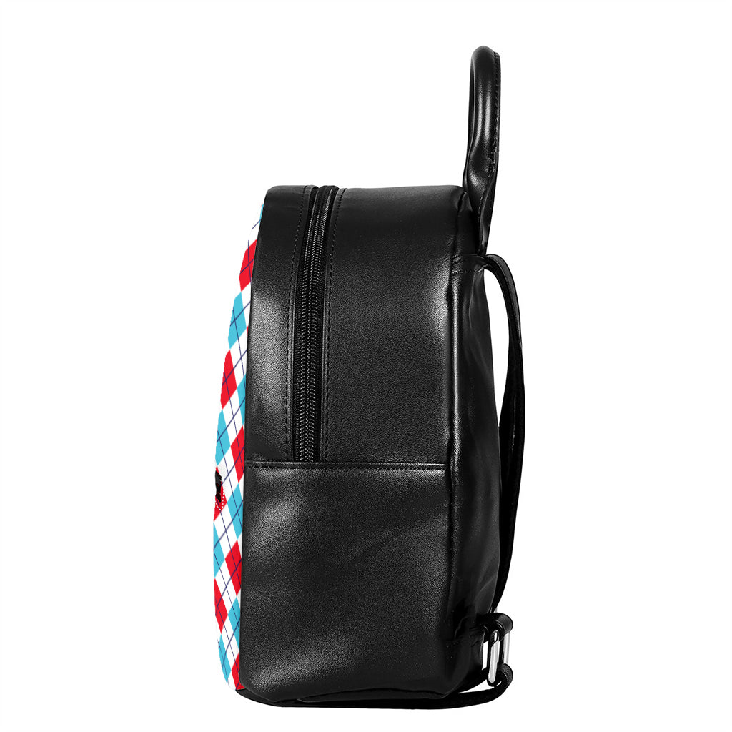 White Red And Blue Argyle Pattern Print Leather Backpack