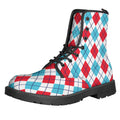 White Red And Blue Argyle Pattern Print Lace-Up Boots