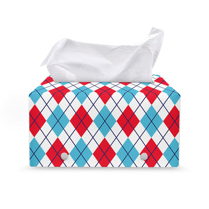 White Red And Blue Argyle Pattern Print Leather Tissue Box Cover