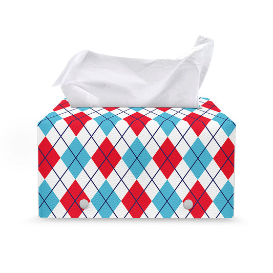 White Red And Blue Argyle Pattern Print Leather Tissue Box Cover