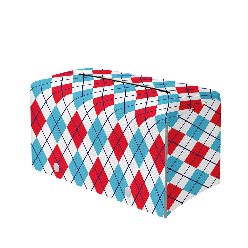 White Red And Blue Argyle Pattern Print Leather Tissue Box Cover