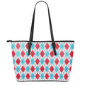 White Red And Blue Argyle Pattern Print Leather Tote Bag With Zipper