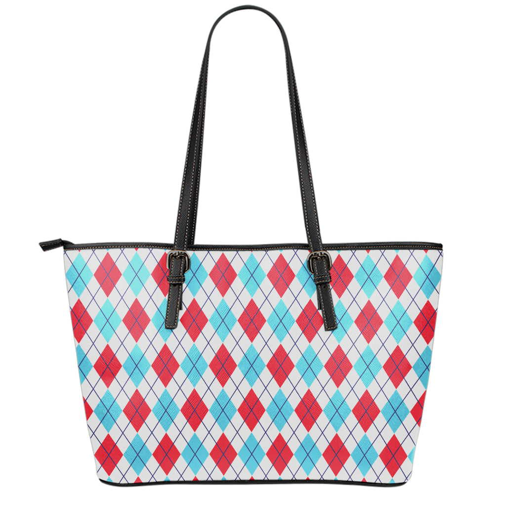 White Red And Blue Argyle Pattern Print Leather Tote Bag