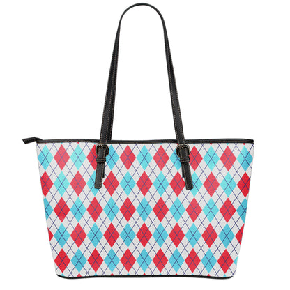 White Red And Blue Argyle Pattern Print Leather Tote Bag