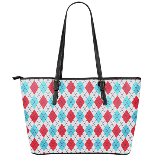 White Red And Blue Argyle Pattern Print Leather Tote Bag