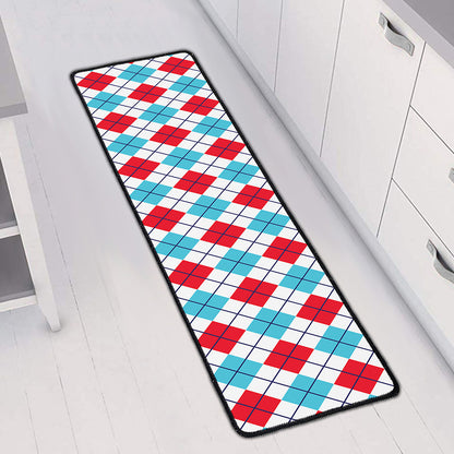 White Red And Blue Argyle Pattern Print Long Kitchen Mat