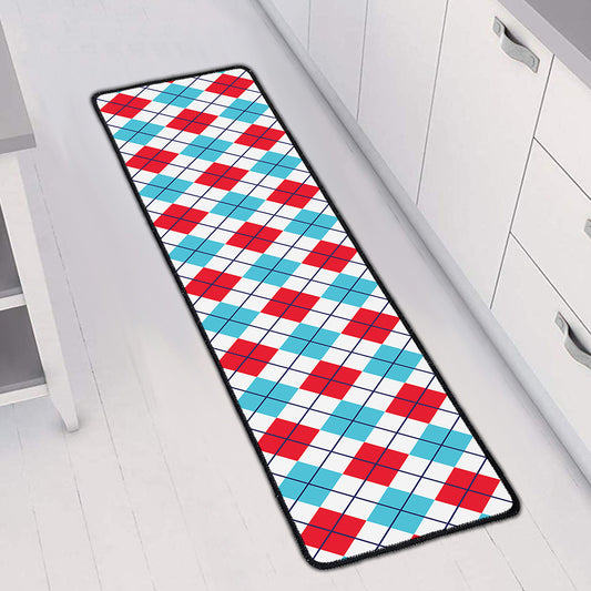 White Red And Blue Argyle Pattern Print Long Kitchen Mat