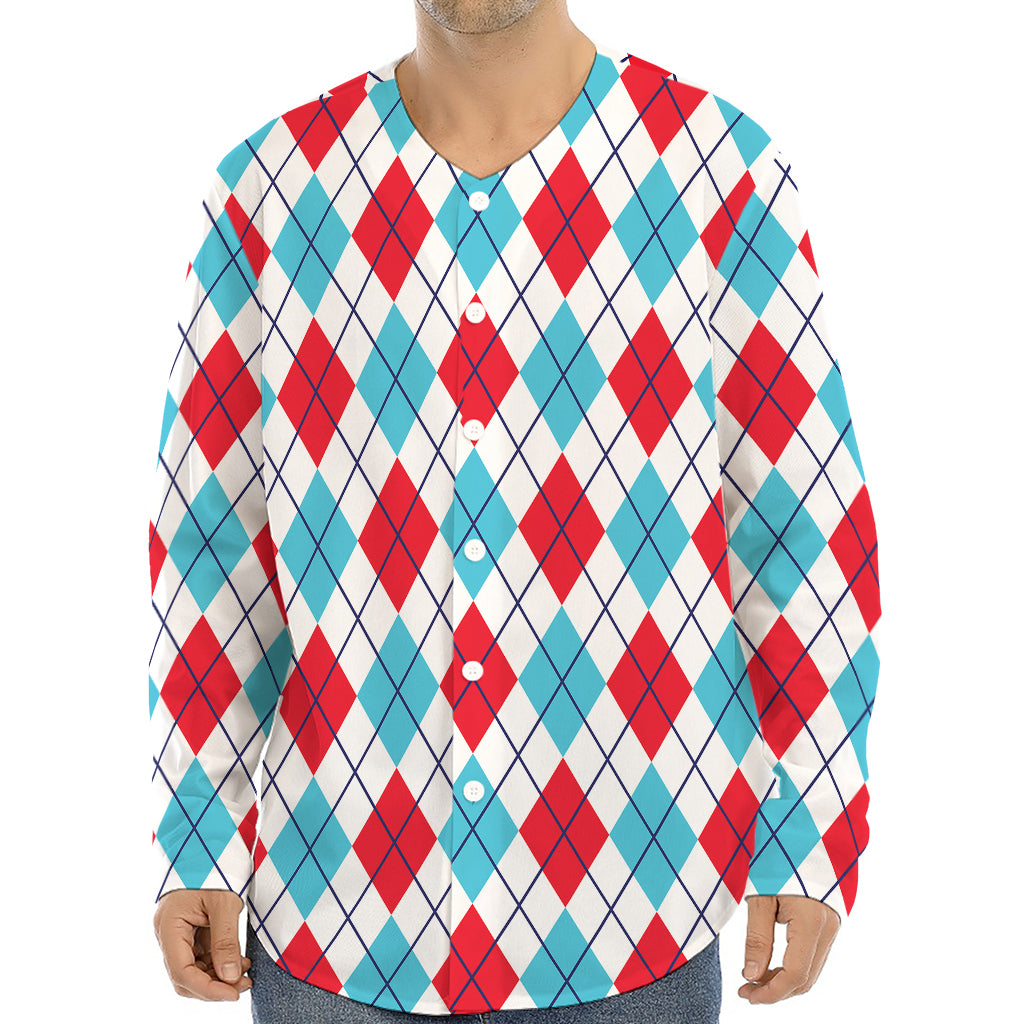 White Red And Blue Argyle Pattern Print Long Sleeve Baseball Jersey