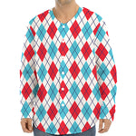 White Red And Blue Argyle Pattern Print Long Sleeve Baseball Jersey