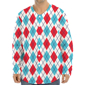 White Red And Blue Argyle Pattern Print Long Sleeve Baseball Jersey