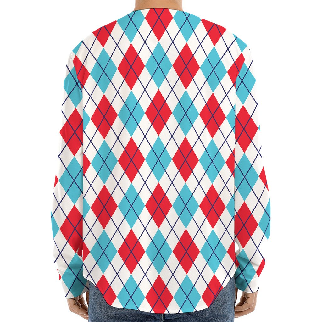 White Red And Blue Argyle Pattern Print Long Sleeve Baseball Jersey