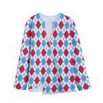 White Red And Blue Argyle Pattern Print Long Sleeve Short Coat