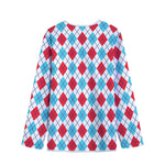 White Red And Blue Argyle Pattern Print Long Sleeve Short Coat