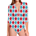White Red And Blue Argyle Pattern Print Long Sleeve Swimsuit