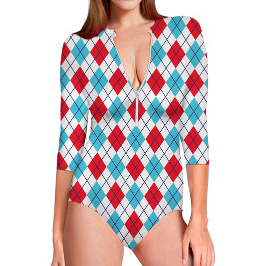 White Red And Blue Argyle Pattern Print Long Sleeve Swimsuit